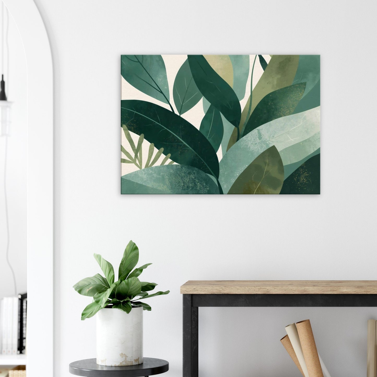Landscape canvas art showing fern-inspired botanical silhouettes drifting across soft emerald and eucalyptus gradients.