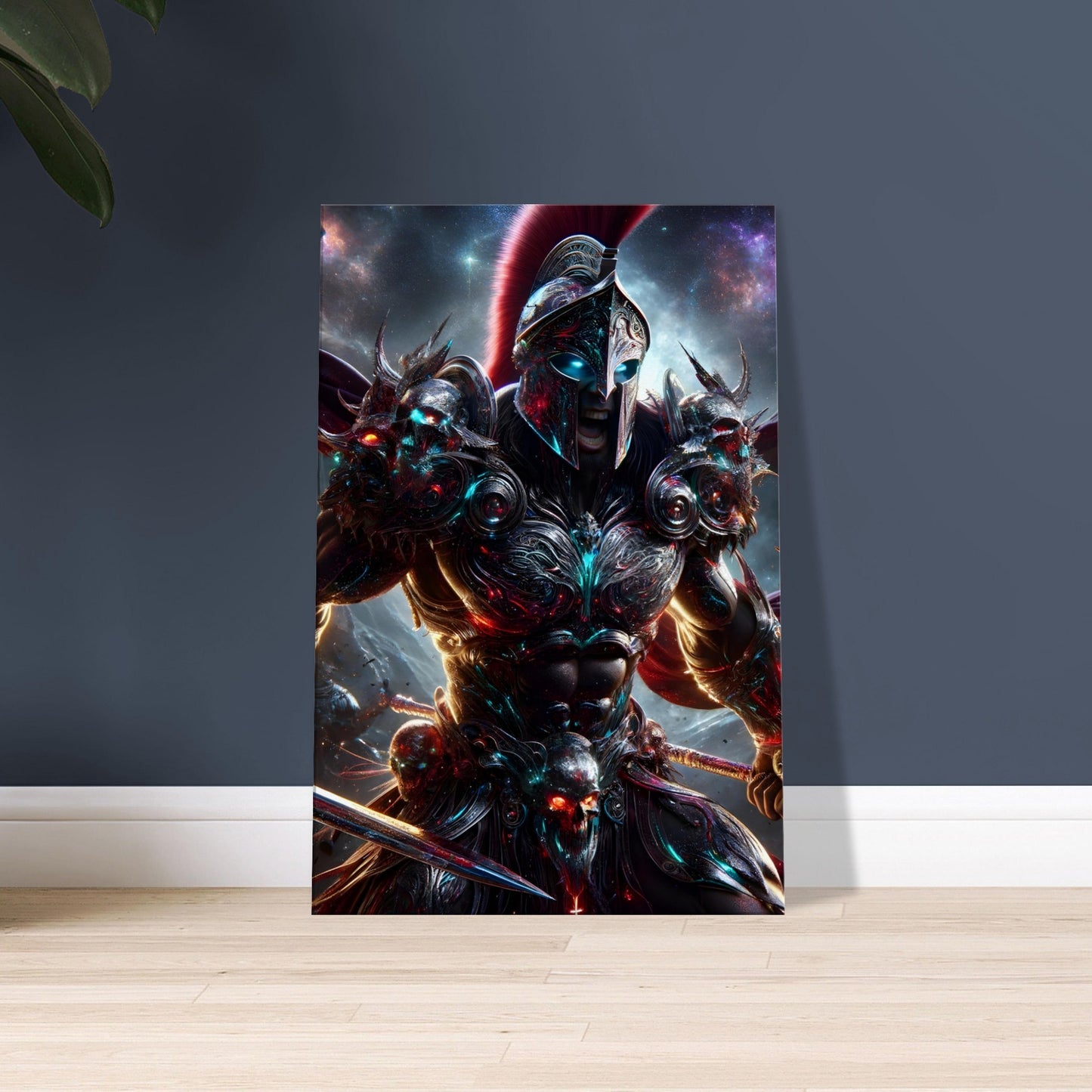A Spartan warrior in red and cosmic armor emerges in 3D-style from a starry backdrop with glowing ethereal tones.