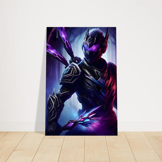 Female warrior in glowing purple, blue, and pink armor with weapon, standing in dark, mystical fantasy setting.