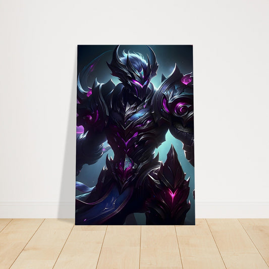 Male warrior in glowing purple, blue, and pink armor standing in a dark fantasy environment with a confident battle stance.