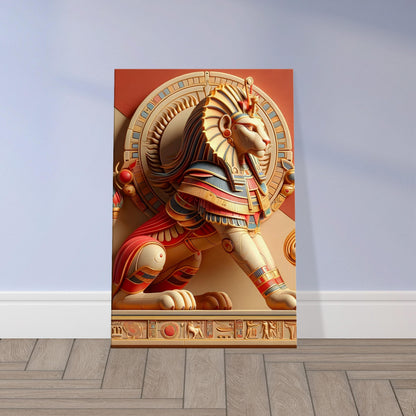 Egyptian goddess Sekhmet with lioness head, wearing a sun disk and uraeus, in a warrior’s pose with regal battle attire.