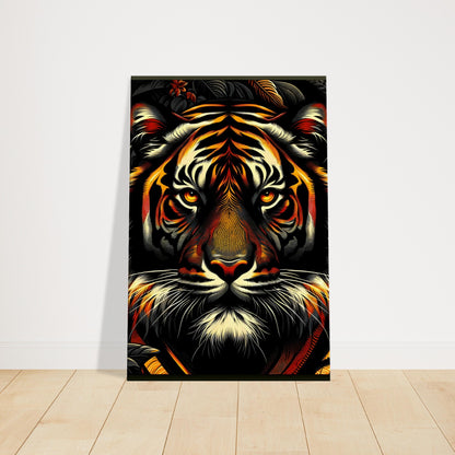 Pop art canvas of a fierce tiger with vivid orange and black stripes against a jungle-inspired background.