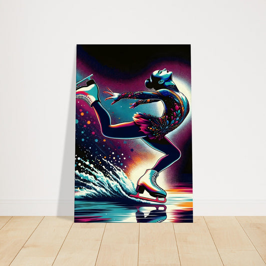 Canvas artwork of a figure skater gliding across ice in a flowing costume, with dynamic colors showing elegance and motion.