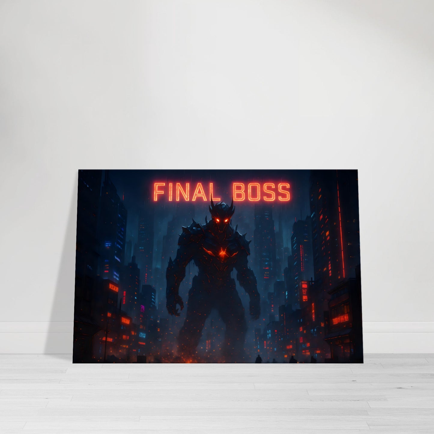 Gamer wall art of colossal dark boss figure with glowing red eyes against crimson sky.