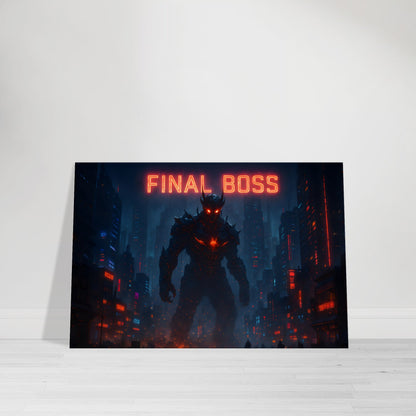 Gamer wall art of colossal dark boss figure with glowing red eyes against crimson sky.