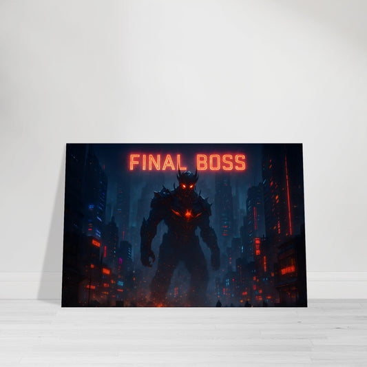 Gamer wall art of colossal dark boss figure with glowing red eyes against crimson sky.