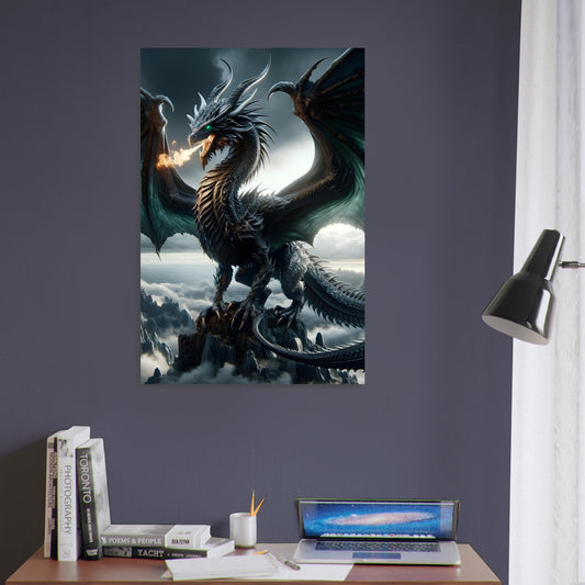 Metal poster of a green and black-scaled dragon with emerald eyes and fire at its mouth, perched on a mountain under a lightning-filled sky.