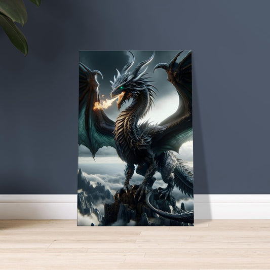 Artwork of a green and black dragon with glowing emerald eyes and flickering flames, perched on a mountain under a stormy sky.
