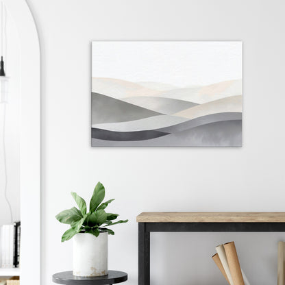 Landscape minimalist canvas with soft grey and cream horizontal layers evoking Nordic fjords.