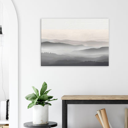 Landscape minimalist canvas with soft grey and cream horizontal layers evoking Nordic fjords.