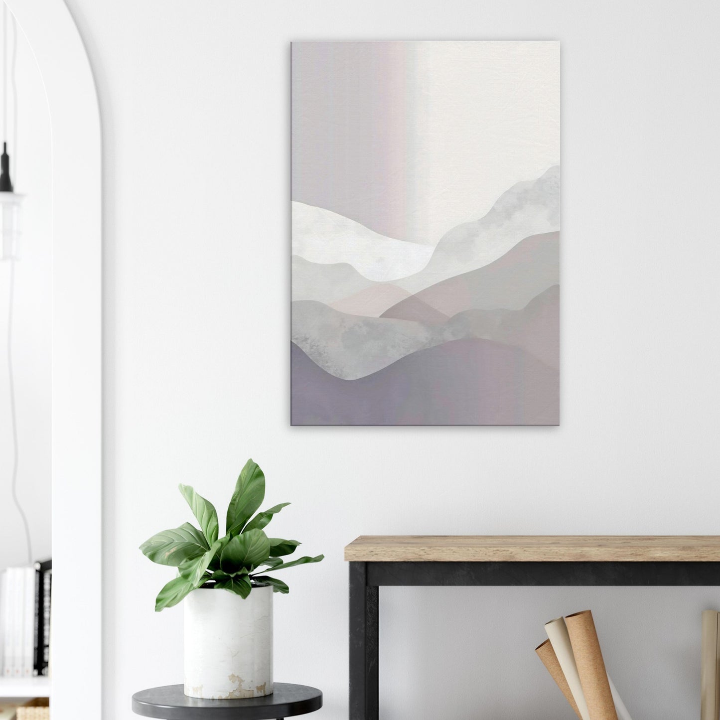 Portrait canvas with vertical soft grey, off-white, and muted stone layers evoking Nordic fjords.