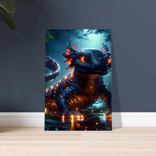 Artwork of a dark Salamander with glowing red, orange, and blue scales and ember-like eyes in a moonlit forest.