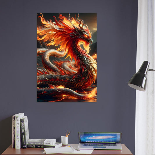 Metal poster of a phoenix-serpent creature with glowing red, orange, and gold scales, set in a volcanic landscape with lava and smoke.