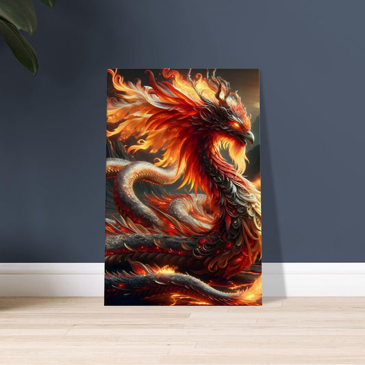 Artwork of a phoenix-serpent creature with glowing red, orange, and gold scales and ember-like eyes in a volcanic landscape.