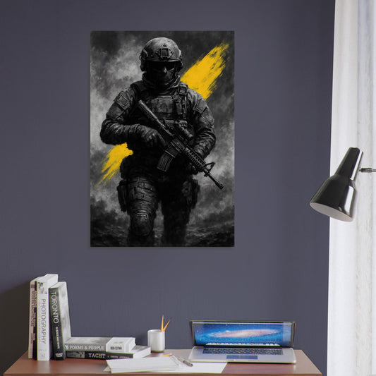 Bold military wall art featuring a masked soldier with yellow streaks across a monochrome battlefield. A striking addition to the Warfare Division series.