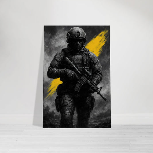 Bold military wall art featuring a masked soldier with yellow streaks across a monochrome battlefield. A striking addition to the Warfare Division series.