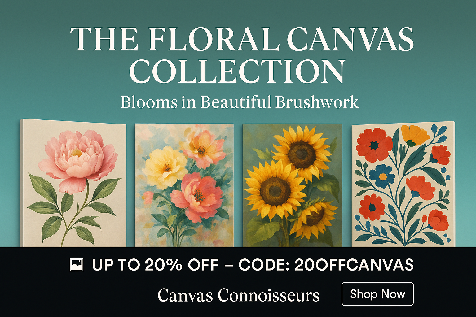 Promotional banner for the Landscapes Canvas Collection featuring scenic artworks of mountains, forests, and vibrant natural vistas, with centered white header and tagline, and a black footer bar displaying a 20% discount code and a 'Shop Now' button.