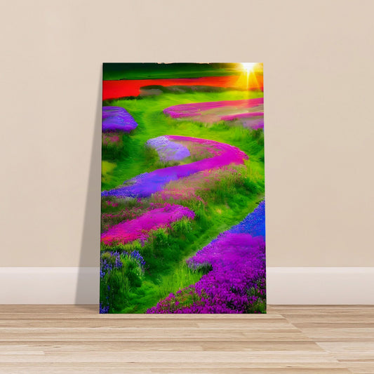 Colorful floral country fields with purples, pinks, and blues alongside a stream, under a golden sky at sunrise or sunset.