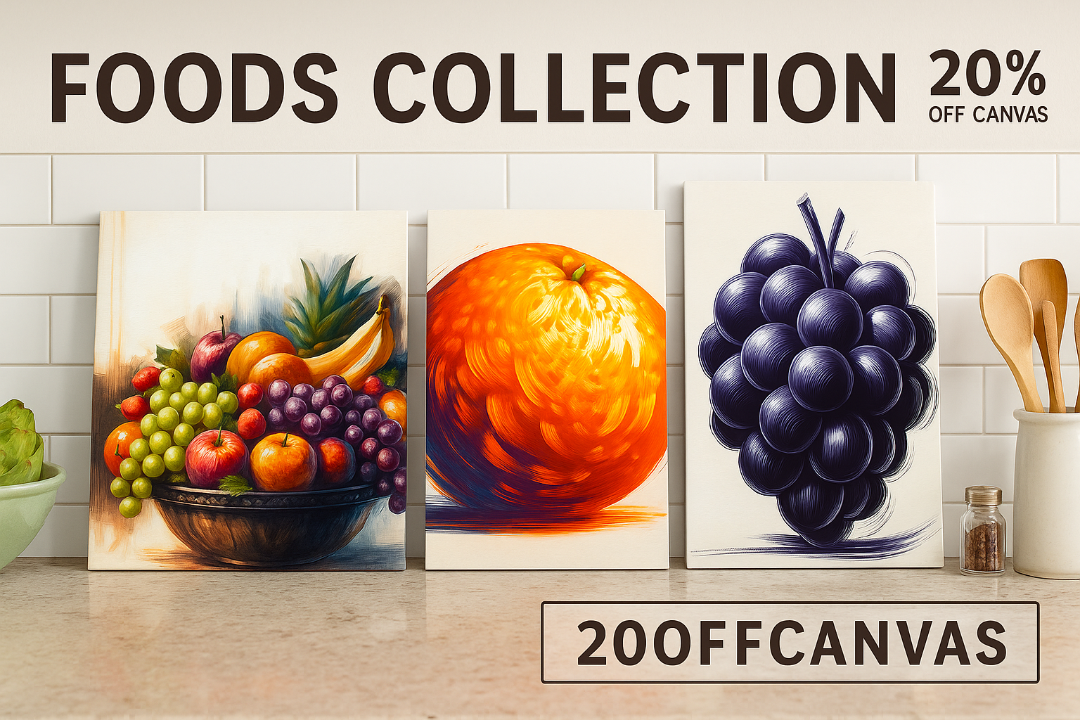 Three canvas prints of fruits on a kitchen counter with promotional discount of 20% off text.