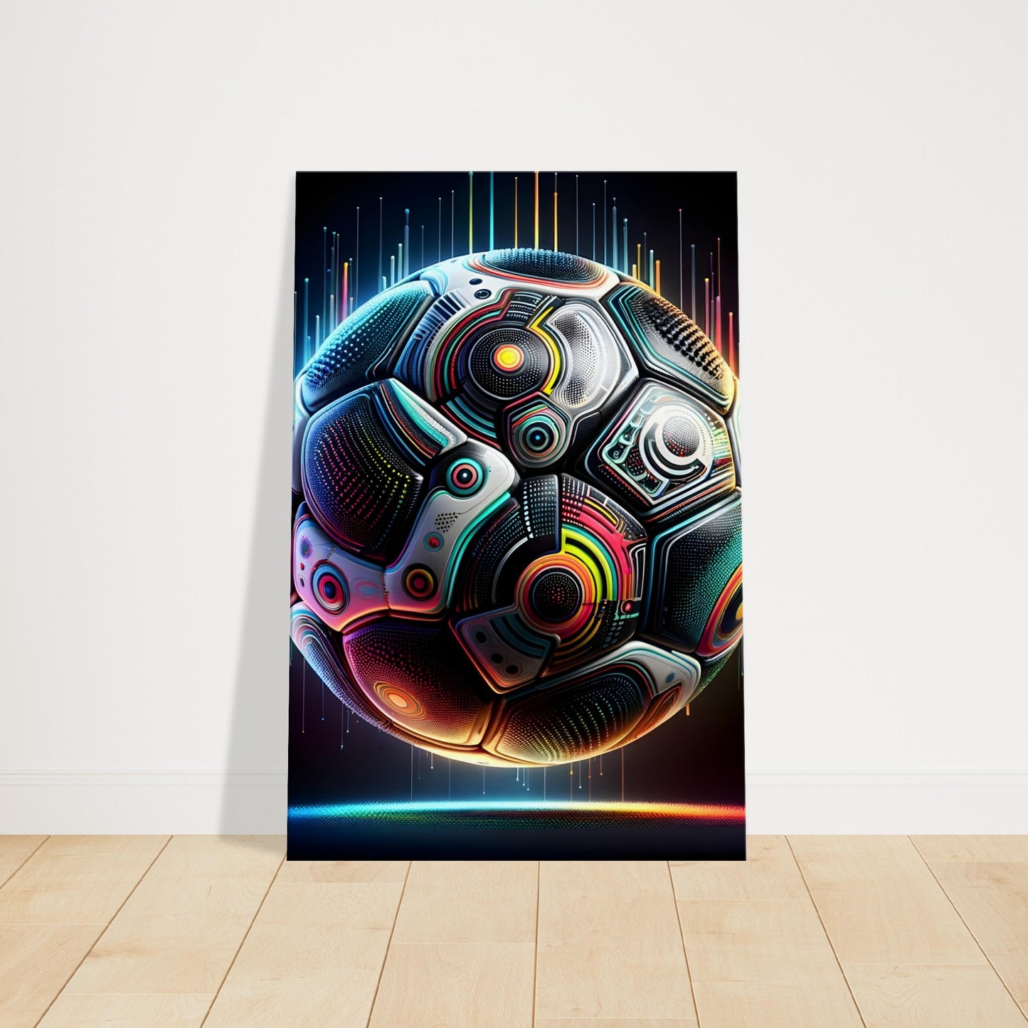 Radiant, patterned football artwork bursting with vivid colors symbolizing energy and movement.