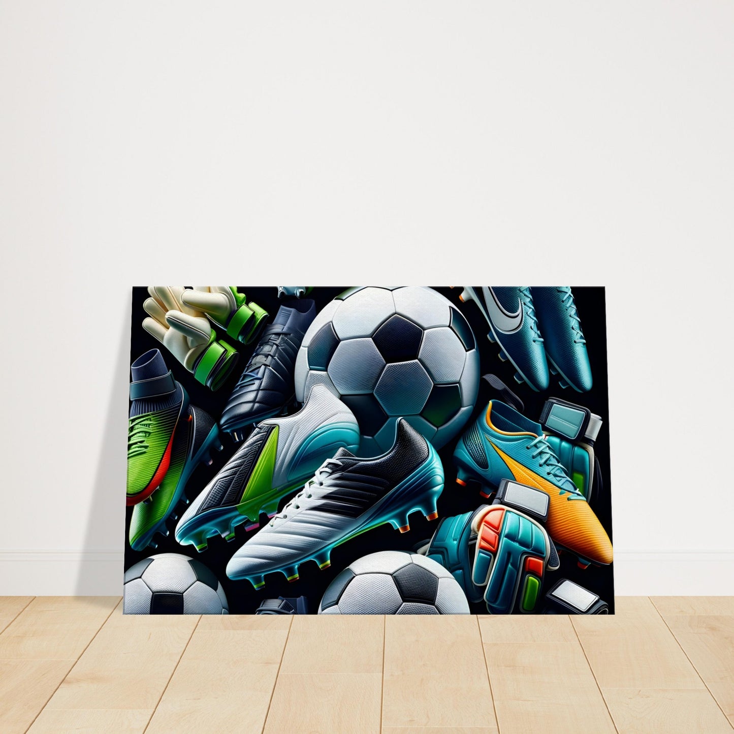 Canvas print featuring modern football boots, gloves, and footballs arranged in a sleek composition.