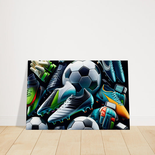 Canvas print featuring modern football boots, gloves, and footballs arranged in a sleek composition.