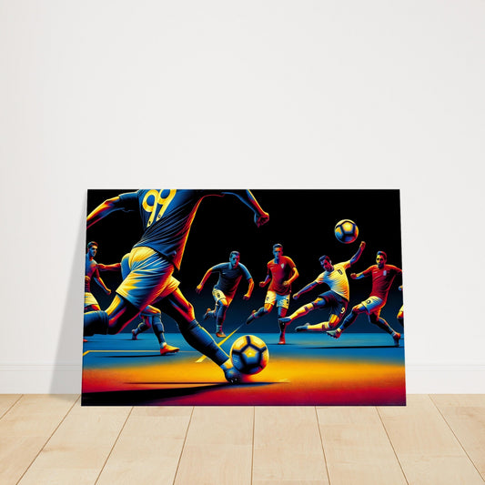 Canvas print of football players engaged in a dynamic training drill on the field.