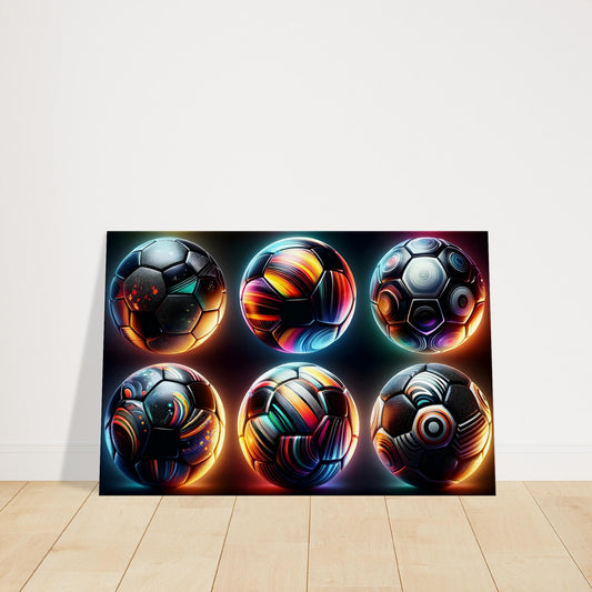 Canvas set depicting six footballs with diverse artistic designs and glowing auras.