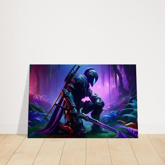 Anime-style kneeling warrior with sword in enchanted glowing forest, soft ambient lighting and mystical atmosphere.