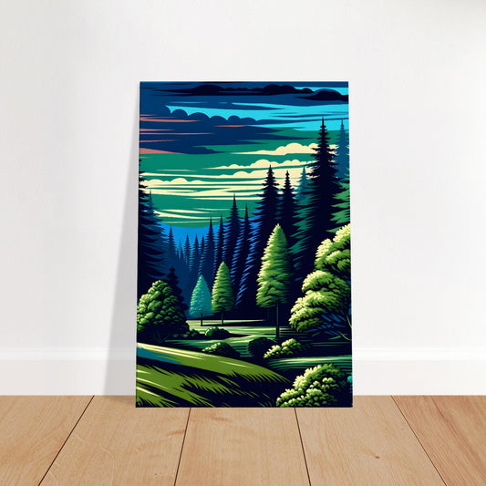 Pop art forest scene with tall trees, vibrant green foliage, and a twilight sky in deep blue and purple hues.