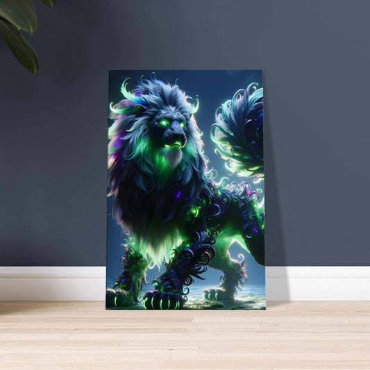 Artwork of a Manticore with glowing green, purple, and blue mane and tail, and bright green eyes in a moonlit ancient forest.