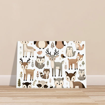 Canvas print featuring cartoon woodland animals like foxes, deer, owls, and hedgehogs in a peaceful forest setting.