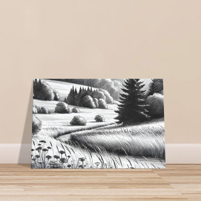 Black and white sketch of a forest meadow with soft grasses, wildflowers, and detailed trees in the background.