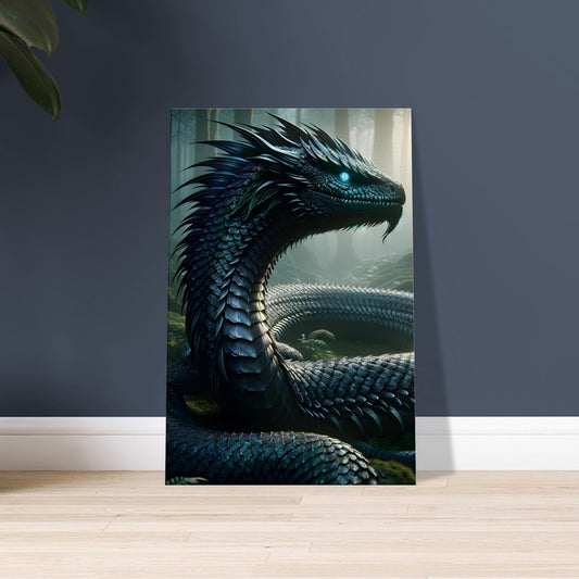Artwork of a multi-headed Hydra with glowing eyes and shimmering dark scales in a misty, moonlit swamp.
