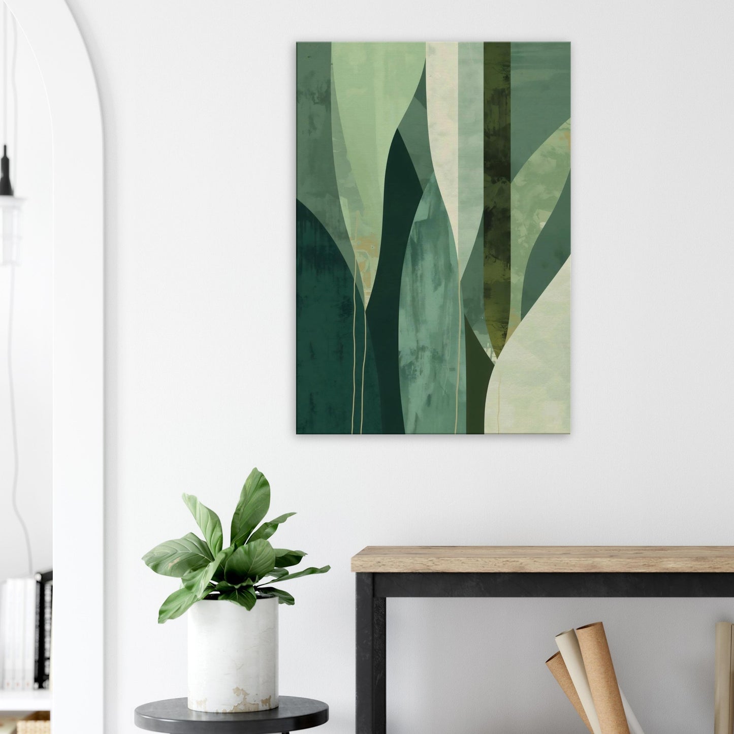 Layered botanical canvas artwork with soft green leaf silhouettes in sage, mint, and olive tones.