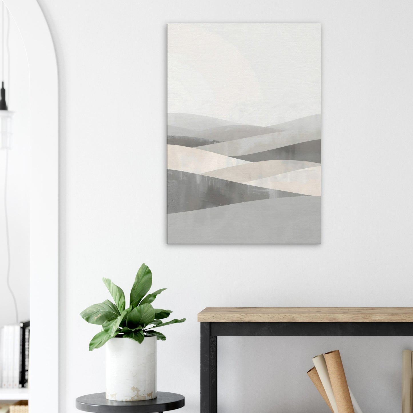 Portait canvas with horizontal muted grey, off-white, and pale taupe layers evoking Scandinavian fjords.