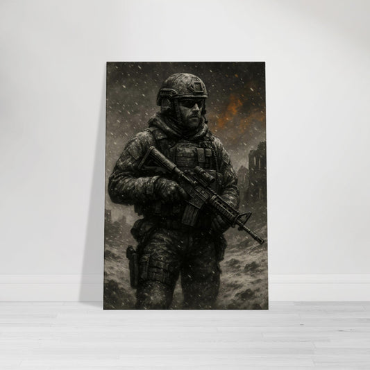 Snowy battlefield wall art of a soldier braving a storm with burning ruins behind. Cold, cinematic military print from the Warfare Division series.