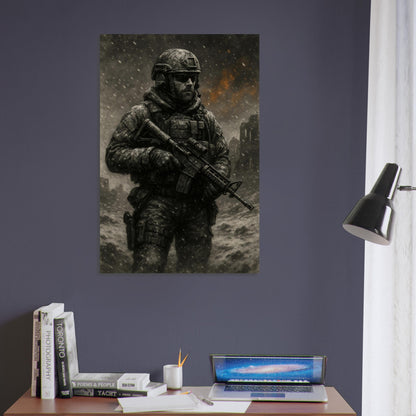 Snowy battlefield wall art of a soldier braving a storm with burning ruins behind. Cold, cinematic military print from the Warfare Division series.