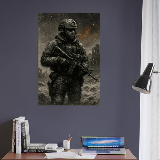 Snowy battlefield wall art of a soldier braving a storm with burning ruins behind. Cold, cinematic military print from the Warfare Division series.