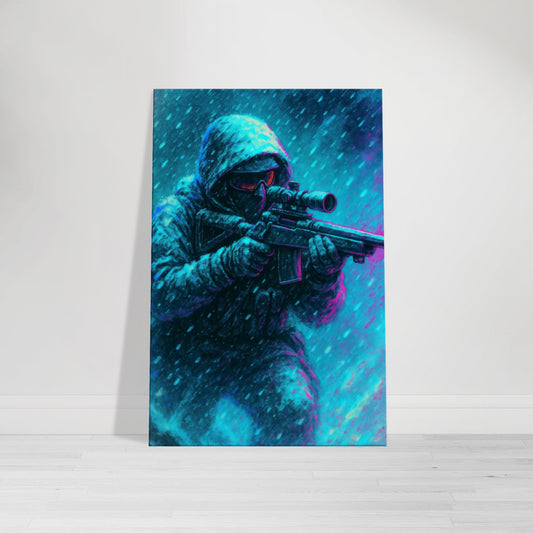 Vibrant snow-ops sniper artwork in teal, magenta, and violet. Futuristic and fierce — a bold addition to the Warfare Division wall art series.