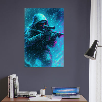 Sniper in snowstorm with glowing visor and scope, accented in teal, magenta, and violet – Frostmark: Silent Shot metal poster.