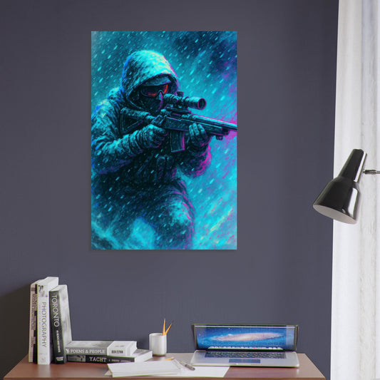 Sniper in snowstorm with glowing visor and scope, accented in teal, magenta, and violet – Frostmark: Silent Shot metal poster.