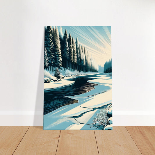 Pop art winter landscape with frozen river, snow-covered trees, and soft sunlight filtering through branches