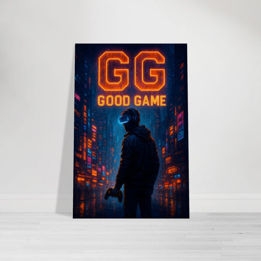 Neon wall art with glowing “GG Good Game” text in pink and cyan on dark backdrop.