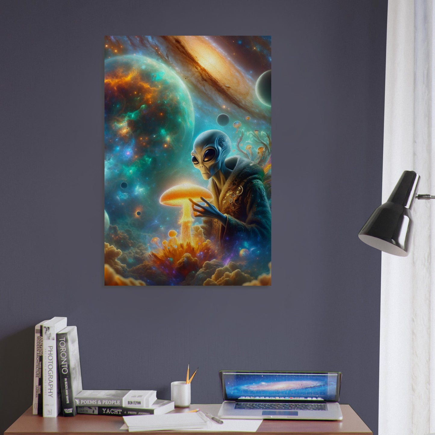 Metal poster of a majestic alien eating a glowing mushroom against a vibrant cosmic background of nebulas and galaxies.