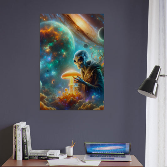 Metal poster of a majestic alien eating a glowing mushroom against a vibrant cosmic background of nebulas and galaxies.