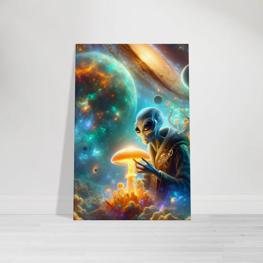 Canvas wall art of an alien eating a glowing mushroom with a vibrant cosmic background of galaxies and nebulas.