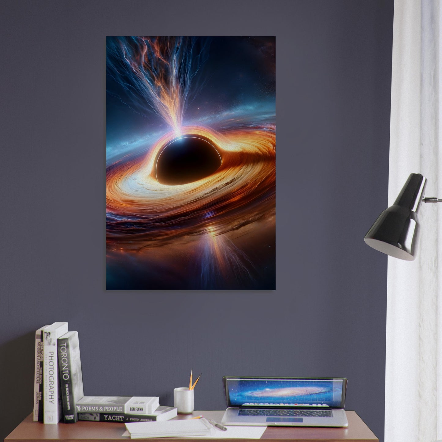 Metal poster of a massive black hole with swirling accretion disks and jets of energy set in a vibrant galaxy.