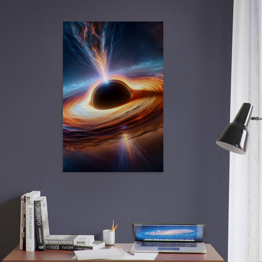 Metal poster of a massive black hole with swirling accretion disks and jets of energy set in a vibrant galaxy.