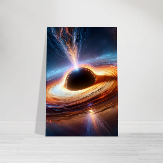 Canvas art of a massive black hole with swirling disks and vivid energy jets at the center of a galaxy.